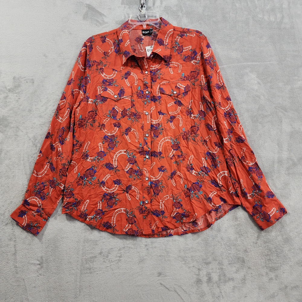NEW Cruel Denim Shirt Womens XL Orange Floral Horseshoe Pearl Snap Western Rodeo